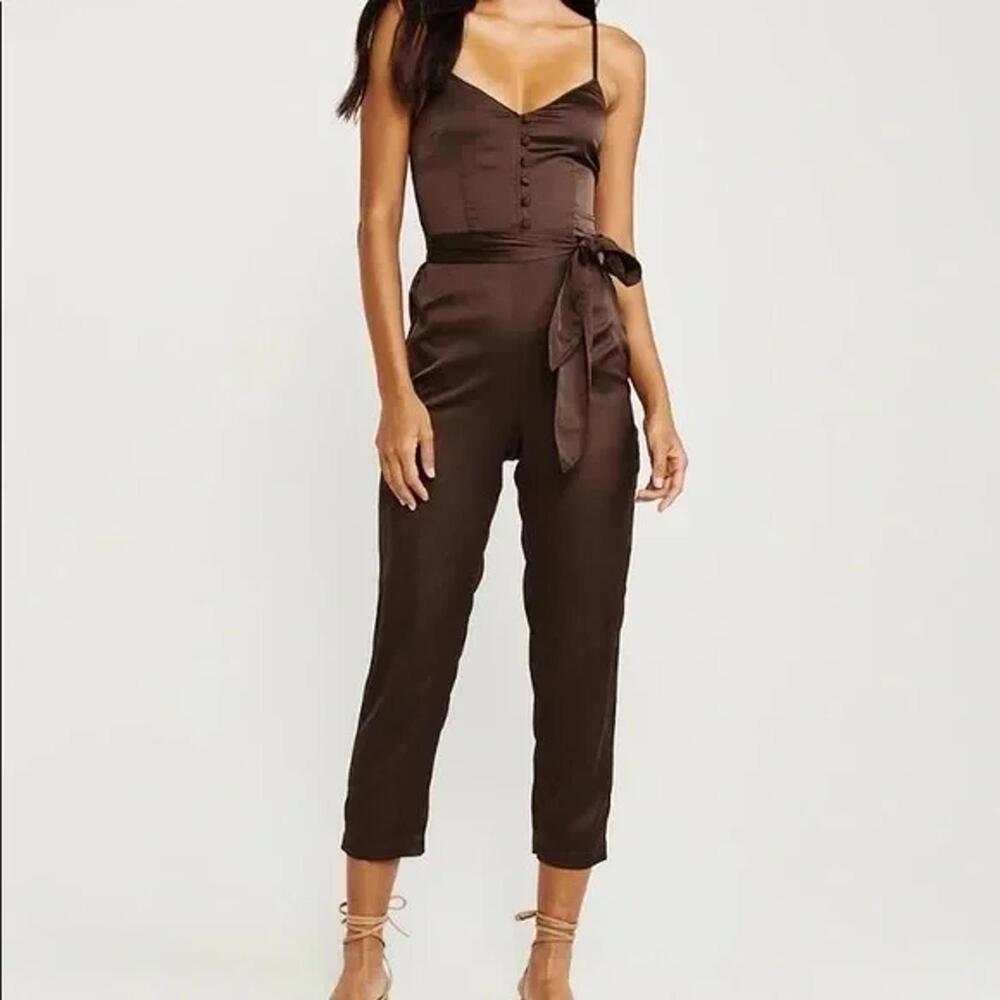 Abercrombie & Fitch Satin Button Front Tie-Waist Jumpsuit